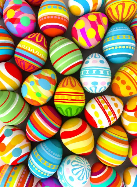 Photo of Happy Easter. Background with painted eggs