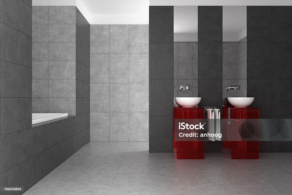 Piastrelle bagno con doppio lavabo e vasca da bagno - Foto stock royalty-free di Acciaio