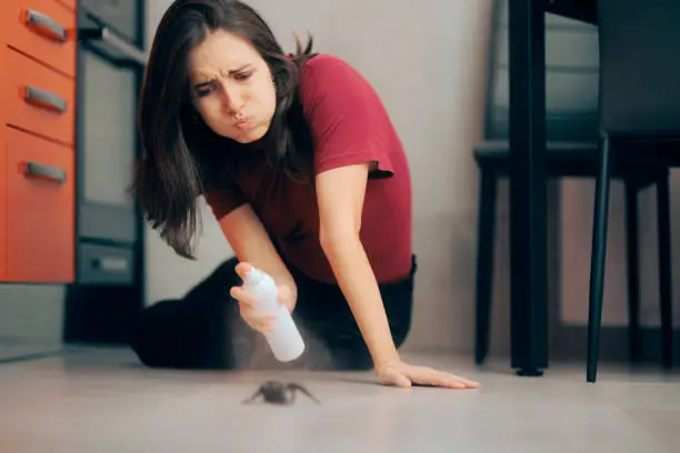 Photo of Woman Spraying with Insecticide Over an Ant on the Kitchen Floor