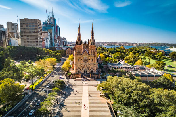 Drone Shot of St Mary's Cathedral Drone Shot of St Mary's Cathedral hyde park sydney stock pictures, royalty-free photos & images