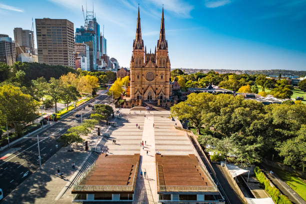 Drone Shot of St Mary's Cathedral Drone Shot of St Mary's Cathedral hyde park sydney stock pictures, royalty-free photos & images