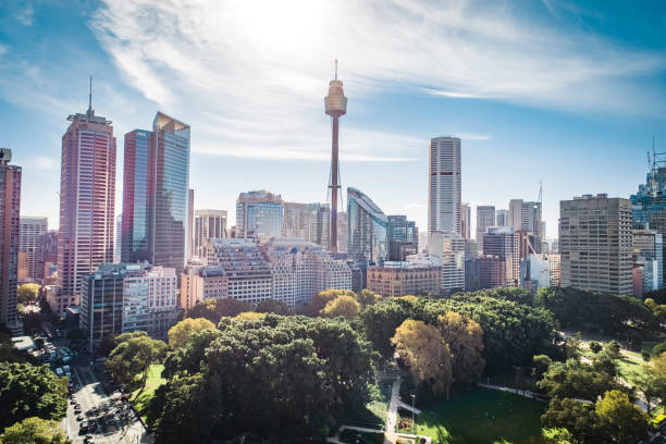 drone shot de sydney cbd - hyde park fotografías e imágenes de stock