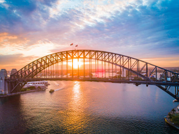 Sydney CBD Drone Shot of Sydney Harbour Bridge sydney harbour bridge stock pictures, royalty-free photos & images