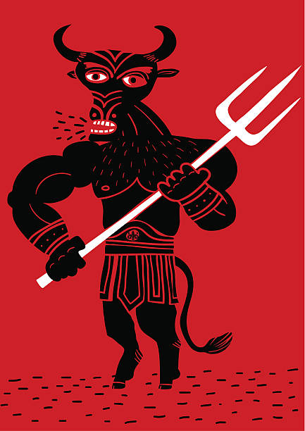 Minotaur with trident bull head man with gladiator belt and trident animal muscle stock illustrations