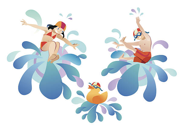 маленькая девочка и мальчик прыг�ая в бассейн - child swimming pool swimming little boys stock illustrations