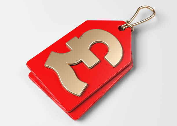 Gold-colored pound symbol and red-colored price tag. On white-colored background. Square composition with copy space. Isolated with clipping path.