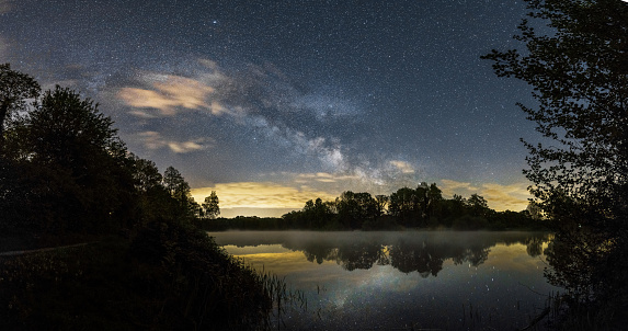Panorama of Milky Way at night over a small lake with silhouette of trees on the shore line