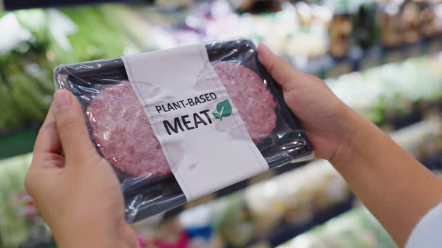 Close-up cutlet patty beyond meat zero, non-meat product in market.