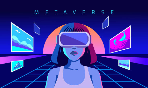 metaveres Metaverse Digital Virtual Reality Technology of a woman with glasses and a headset VR connected to the virtual space virtual reality simulator stock illustrations