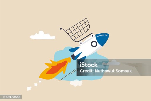 istock Boost sales and increase profit, achieve sales target or develop business growth, inflation and price concept, shopping cart or trolley on fast rocket booster flying hight in the sky. 1362470663