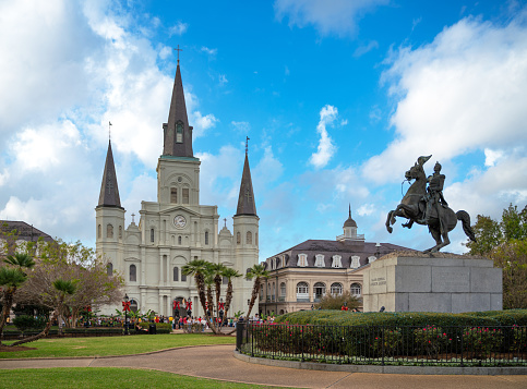 Cathedral of St Louis and General Andrew Jackson Statue in New Orleans. Louisiana  erected in 1856.
