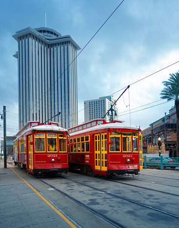 Two street cars in New Orleans at the end of their route