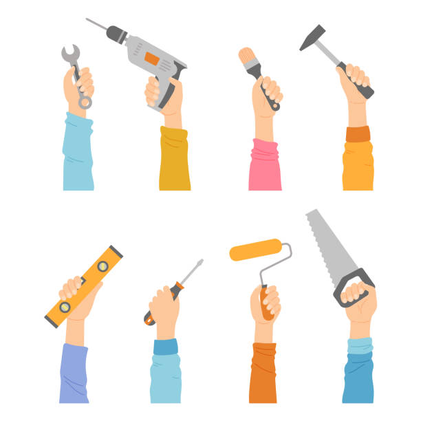 Hands with tools, housework instruments renovation Hands with tools wrench, drill, brush and hammer, level, screwdriver, roller and saw. Human palms hold home repair diy renovation housework instruments isolated on white background, Cartoon vector set holding drill stock illustrations