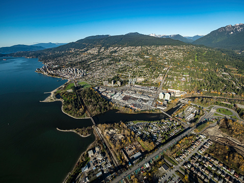 Stock aerial photo of West Vancouver and Park Royal, Canada