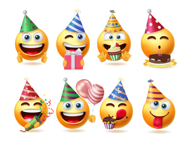 emoji urodzinowy wektor scenografii. twarz emojis 3d izolowana na białym tle z kapeluszami imprezowymi, ciastem i elementami uroczystości prezentowych do graficznej kolekcji emotikonów na dzień narodzin. - party hat birthday celebration party stock illustrations