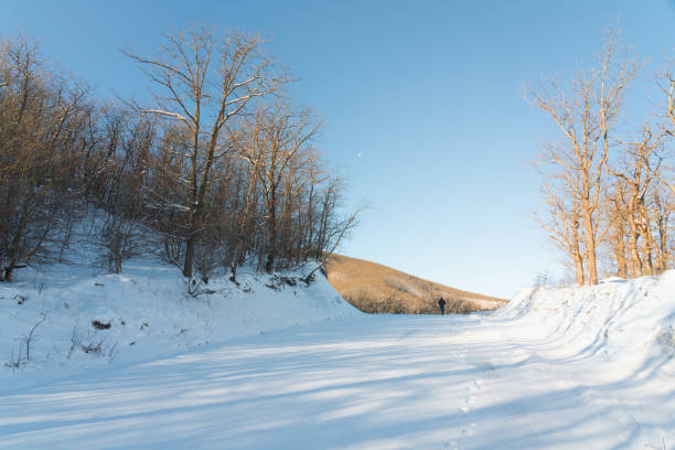 A traveler with a backpack walks along a snowy mountain road