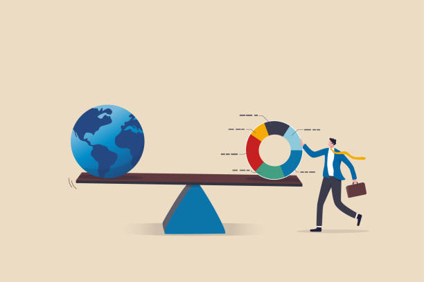 ilustrações de stock, clip art, desenhos animados e ícones de global investment asset allocation, rebalance portfolio for international stocks, bond or real estate, wealth management concept, businessman fund manager balance pie chart with globe or world. - real world