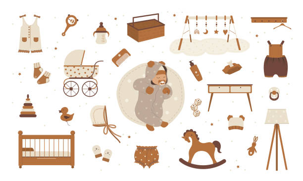 Scandinavian baby care elements. Boho sleeping newborn. Vintage wooden toys for children. Great for baby shower, invitation and home decor. Vector illustration in flat cartoon style Scandinavian baby care elements. Boho sleeping newborn. Vintage wooden toys for children. Great for baby shower, invitation and home decor. Vector illustration in flat cartoon style. bedroom illustrations stock illustrations