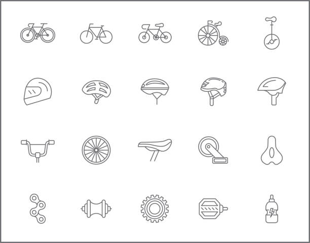 ilustraciones, imágenes clip art, dibujos animados e iconos de stock de conjunto de estilo bicicleta y línea de bicicleta. - casco de ciclista