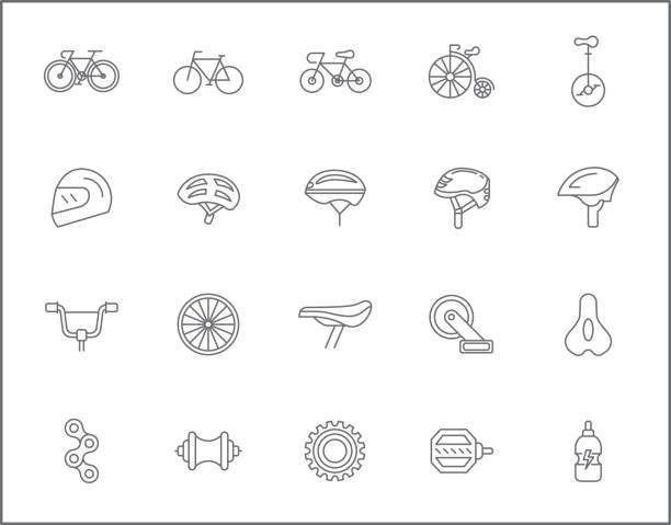 Set of bicycle and bike line style. It contains such as sport, bike part, biking, exercise, vehicles, components, Helmet and other elements. cycling helmet stock illustrations