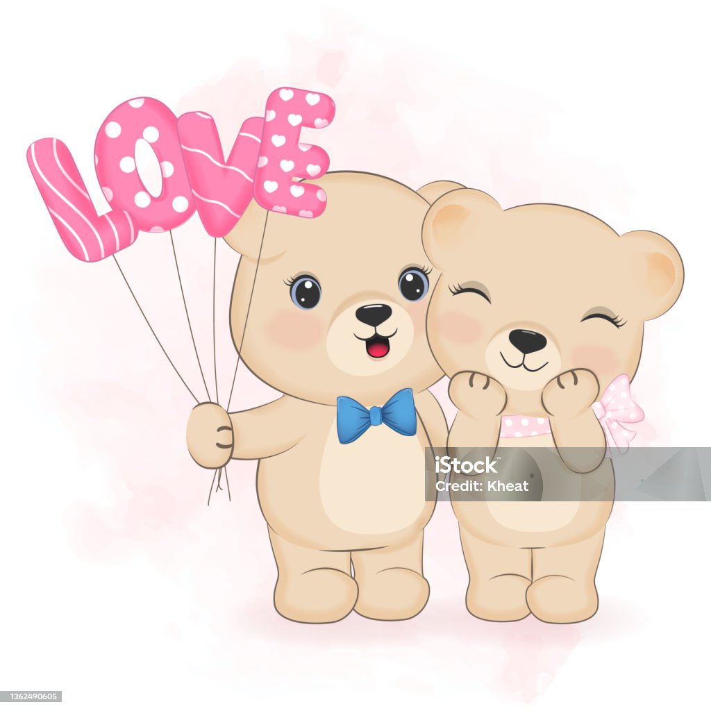 Cute Couple Teddy Bear With Love Balloon Valentines Day Concept ...
