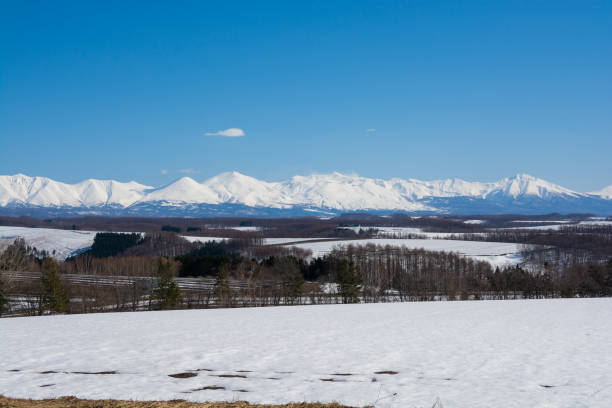 istock Upland field where snow remains and snowy mountains 1362491318