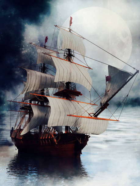 istock Medieval ship in the sea at night 1362494239