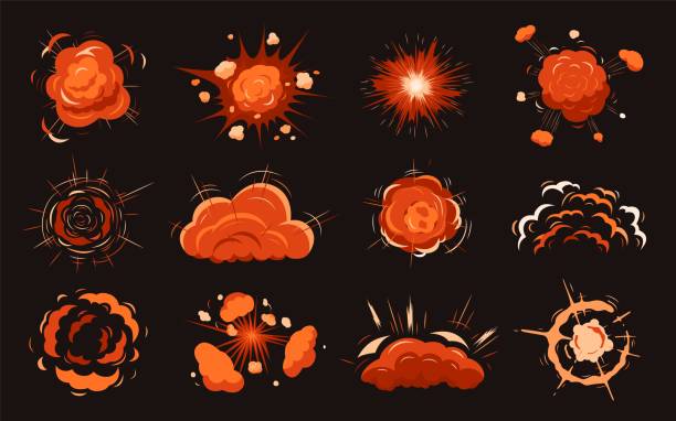 만화 화재 폭발. 전쟁 폭탄, 폭발 효과 게임. 다이너마이트 폭발, 밝은 붉은 구름. 코믹 스타일 요소, 큰 붐과 연기 최근 벡터 세트 - fairy dust stock illustrations