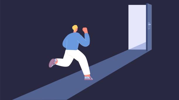 Man run in open door. Active guy go in happy future. Movement towards goal, mindset for success. Escape from reality, vector metaphor Man run in open door. Active guy go in happy future. Movement towards goal, mindset for success. Escape from reality, vector metaphor. Illustration of opportunity for businessman cartoon of the saying goodbye stock illustrations