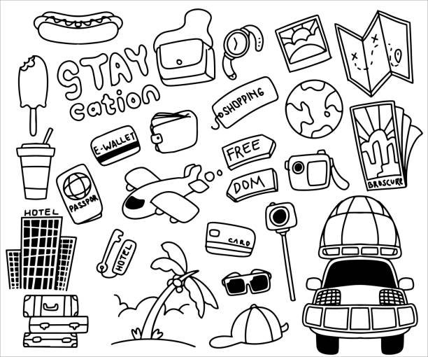 Set of doodle hand drawn stay cation equipment stuff collection isolated on white background. Set of doodle hand drawn stay cation equipment stuff collection isolated on white background. staycation stock illustrations