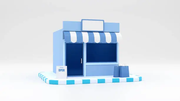 Photo of Little shop. Store building with hopping bags and sign on white background. 3d rendering.
