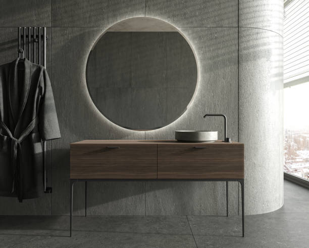 minimalismus modernes dunkles badezimmer-innendesign mit rundem spiegel und holzbadewanne. vorderansicht. steinmauer und bodenfliesen. 3d-render-illustration. - round mirror stock-fotos und bilder