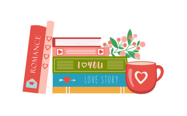차 또는 코프와 꽃 한 잔과 책의 스택. 발렌타인 데이 책. 발렌타인 데이선물. 사랑 이야기, 로맨스, 사랑에 대한 책. 상점, 상점, 도서관을위한 평면 스타일의 벡터 그림 - bookstore book stack backgrounds stock illustrations
