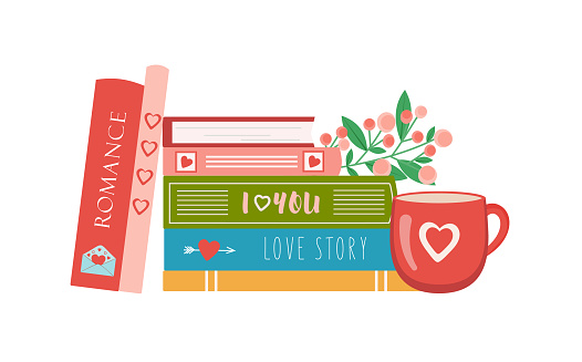 Stack of book with cup of tea or coffe and flowers. Valentines day books. Gift for Valentine day. Love story, romance, books about love. Vector illustration in flat style for store, shops, libraries