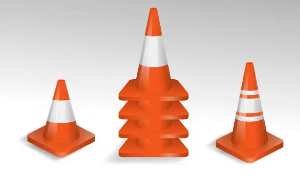 Vector illustration of set of realistic cone traffic isolated or road work safety sign to indicate accident or red striped white road mark. eps vector