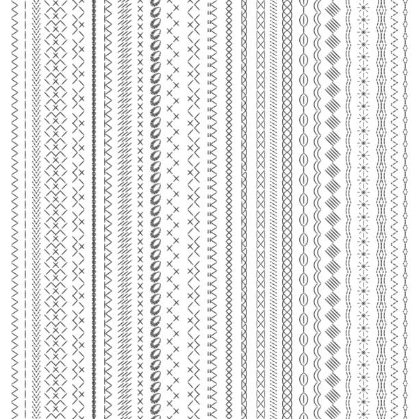 szwy do szycia. haftowany pasek, geometryczne linie zszywane. zszyć ścieg lub szew, bezszwowe obramowania tkaniny. izolowany krzyż dekoracyjny haftowany, obecnie elementy wektorowe - sewing stock illustrations