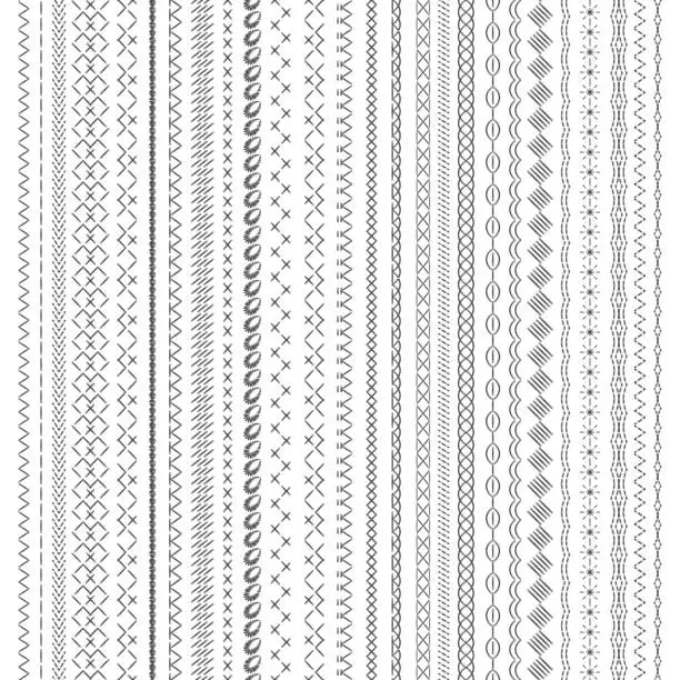 Vector illustration of Sewing seams. Embroidery stripe, geometric stitched lines. Sew stitch or seam, seamless fabric borders. Isolated decorative cross embroidered, nowaday vector elements