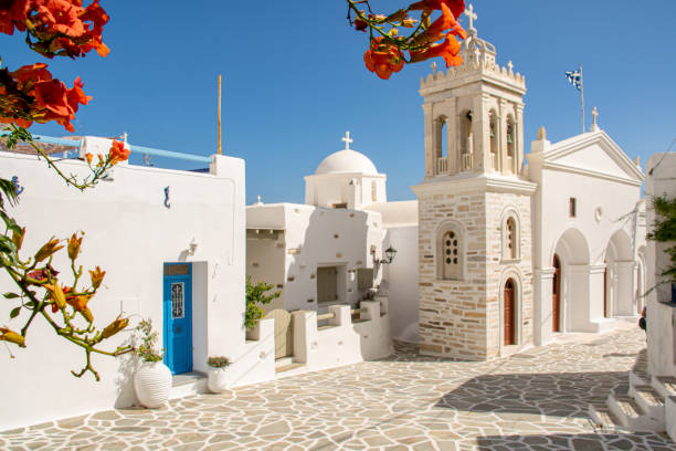 Church in the center of Marpissa, Paros, Greece stock photo