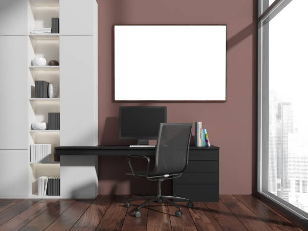 istock Business interior, armchair and table with computer, window. Mockup poster 1362511984