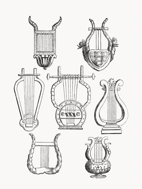 ilustrações, clipart, desenhos animados e ícones de harpas antigas e instrumentos de cordas, gravuras de madeira, publicadas em 1862 - musical instrument string illustrations