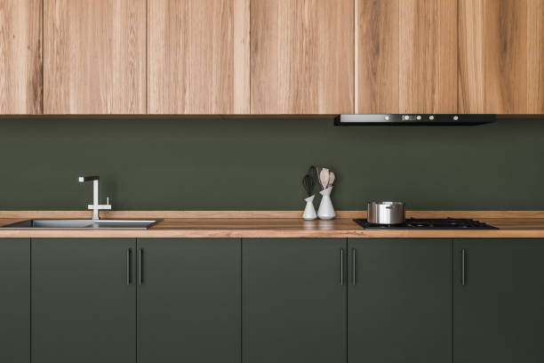 istock Dark wooden kitchen set with shelves and deck with appliances 1362512906