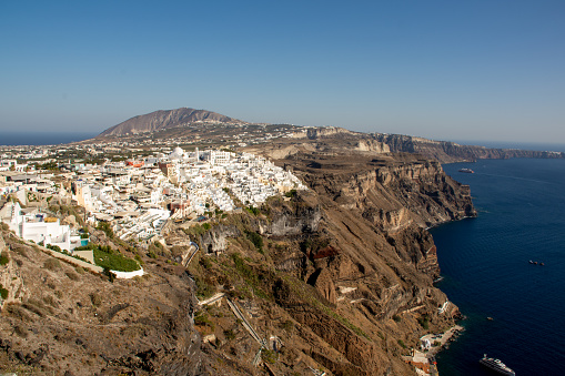 View of Fira at the steep cliffs of Santorini, Greece