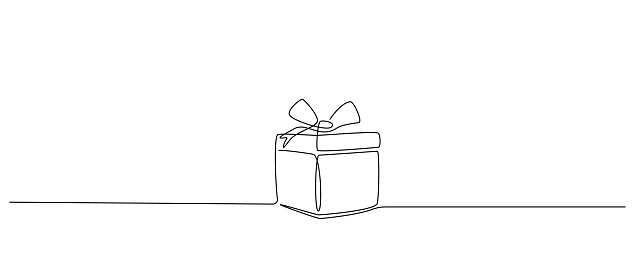 One Continuous line drawing of Christmas Gift box with ribbon and bow. Festive present and Wrapped surprise package in simple linear style. Doodle vector illustration.