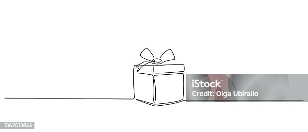 istock One Continuous line drawing of Christmas Gift box with ribbon and bow. Festive present and Wrapped surprise package in simple linear style. Doodle vector illustration 1362513866