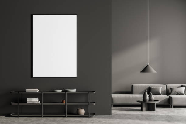 istock Dark living room interior with empty white poster, sofa, shelves, 1362513869