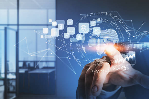 istock Businessman wearing formal suit is touching digital interface with globe 1362513893