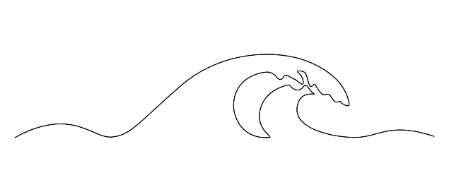 One continuous Line drawing of sea wave. Modern abstract seascape and concept for surf club in simple linear style. Editable stroke. Doodle vector illustration.