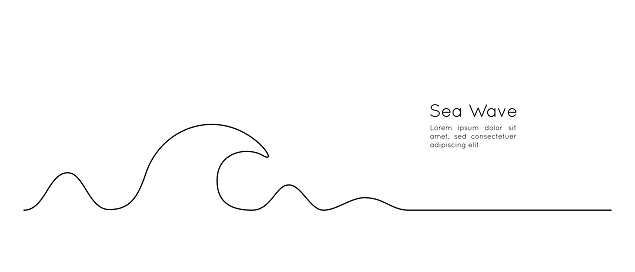 One continuous Line drawing of sea wave. Abstract seascape and concept for surf club in simple linear style. Modern Template for web banner and landing page. Doodle vector illustration.