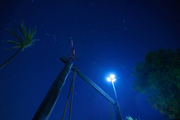 solar cell led light pole with blue sky at night. Renewable Energy concept.