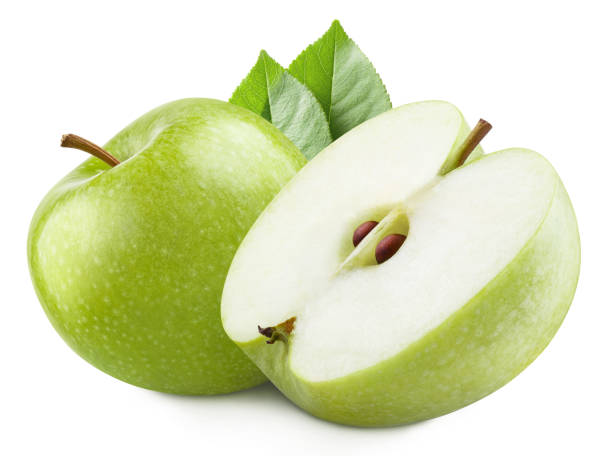 istock Green apples with leaves on white 1362515332